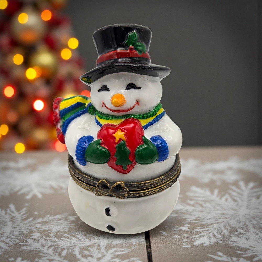 Vintage Snowman Porcelain Hinged Trinket Box PHTB